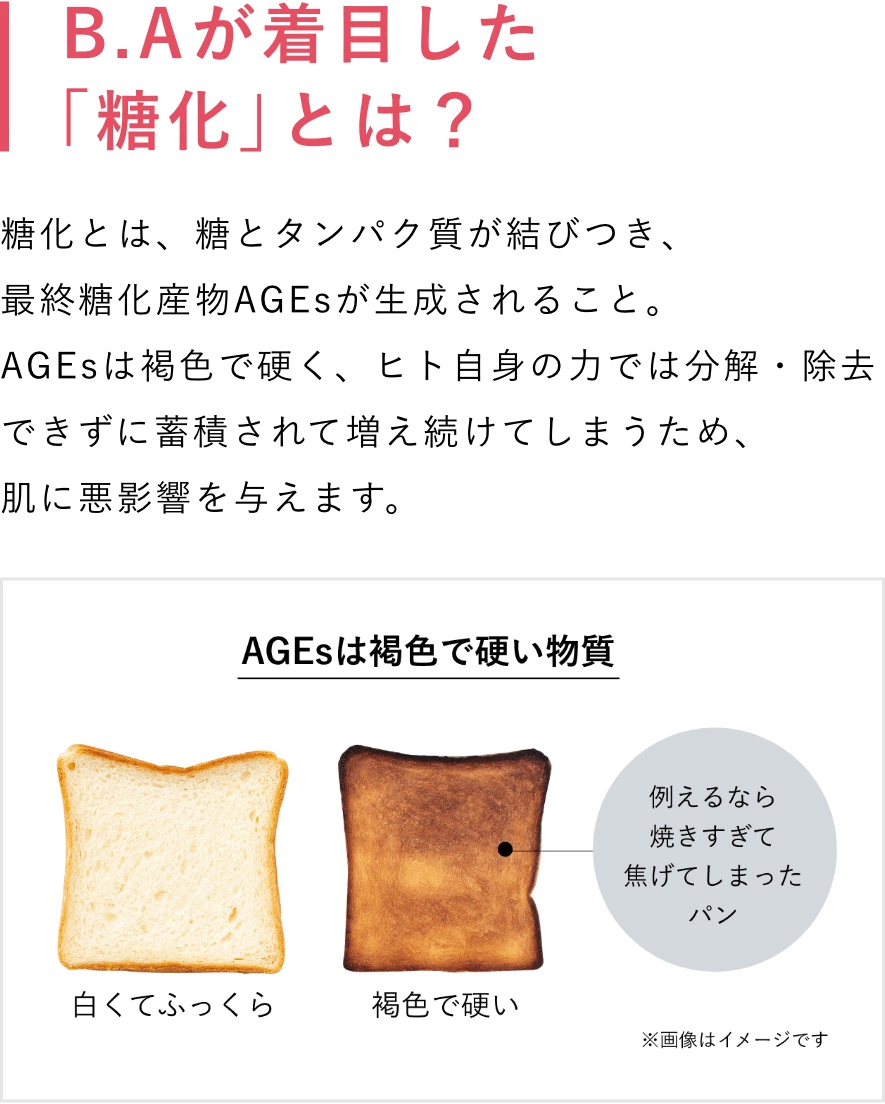 B.Aが着目した「糖化」とは？糖化とは、糖とタンパク質が結びつき、
            最終糖化産物AGEsが生成されること。
            AGEsは褐色で硬く、ヒト自身の力では分解・除去できずに蓄積されて増え続けてしまうため、
            肌に悪影響を与えます。