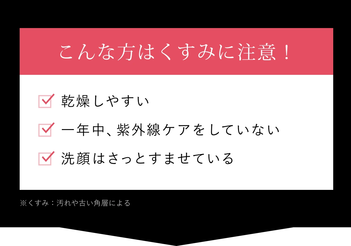 こんな方はくすみに注意！
      乾燥しやすい
      一年中、紫外線ケアをしていない
      お手入れの際に、こするなど刺激を与えている