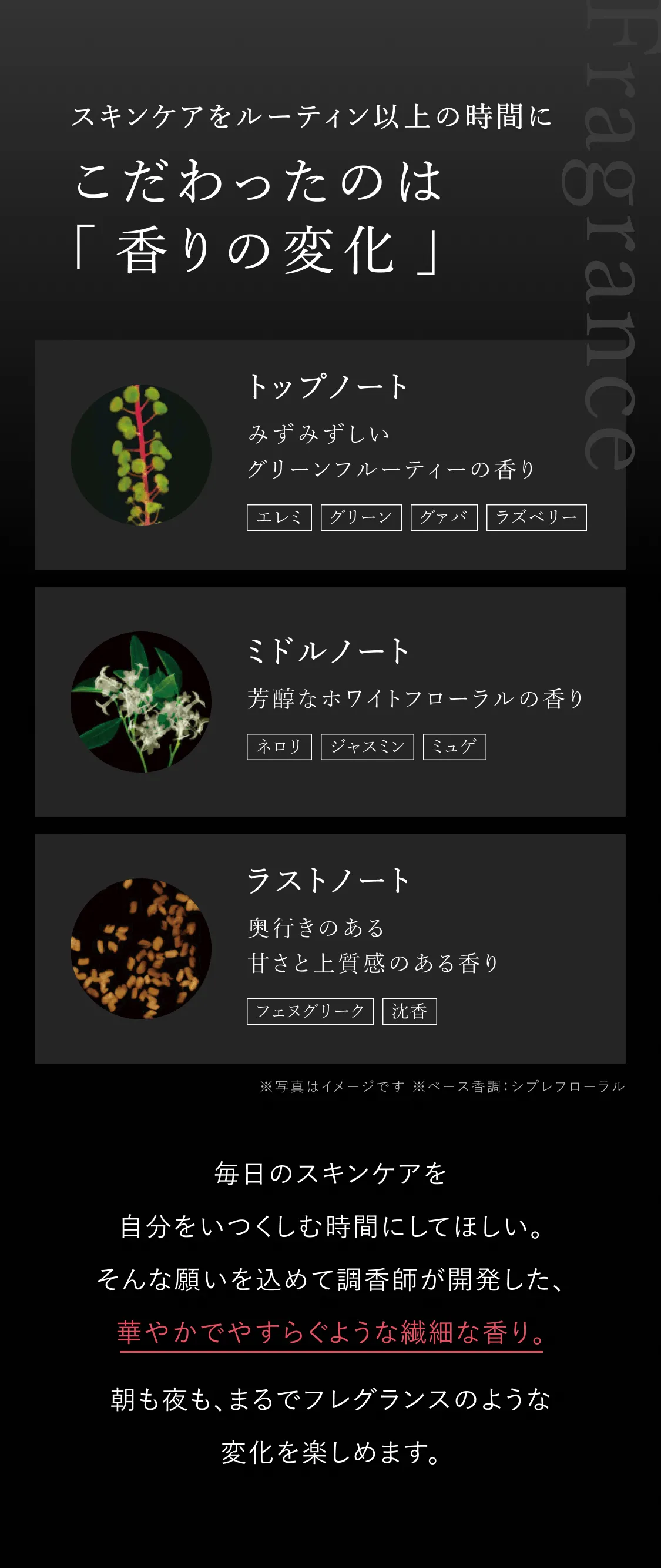 B.Aローション N の香りの変化を紹介するビジュアル。トップ・ミドル・ラストノートの香りを花とともに表現。
