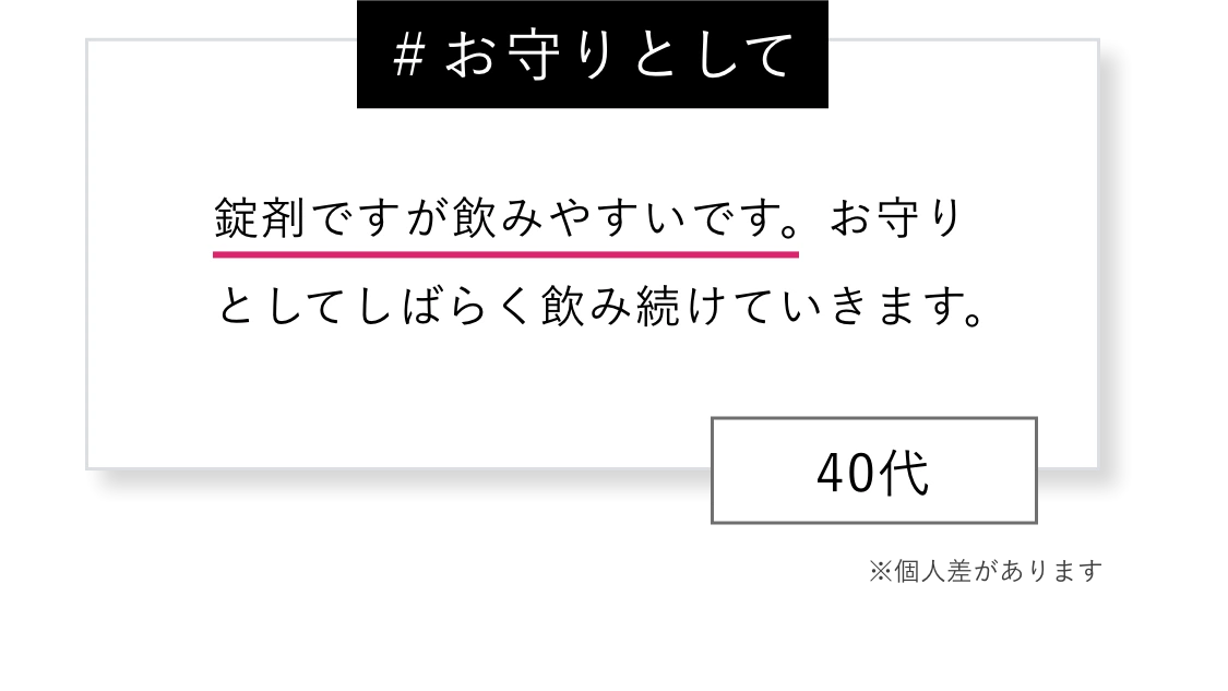 ＃お守りとして 錠剤ですが飲みやすいです。お守りとしてしばらく飲み続けていきます。※個人差があります