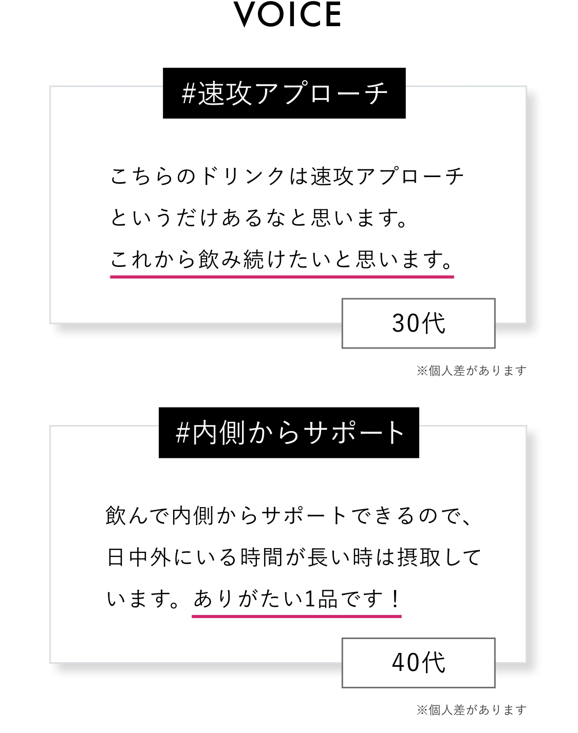 VOICE＃速攻アプローチ こちらのドリンクは速攻アプローチというだけあるなと思います。これから飲み続けたいと思います。※個人差があります ＃内側からサポート 飲んで内側からケアできるので、日中外にいる時間が長い時はサポートできるので、ありがたい1品です！※個人差があります