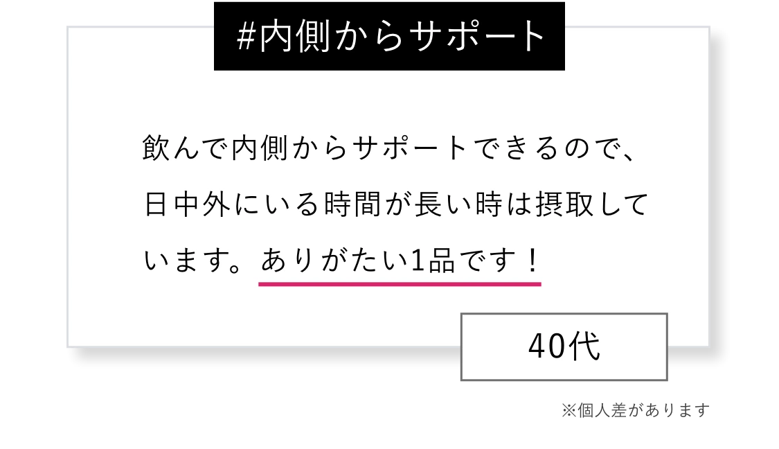 ＃内側からサポート 飲んで内側からケアできるので、日中外にいる時間が長い時はサポートできるので、ありがたい1品です！※個人差があります