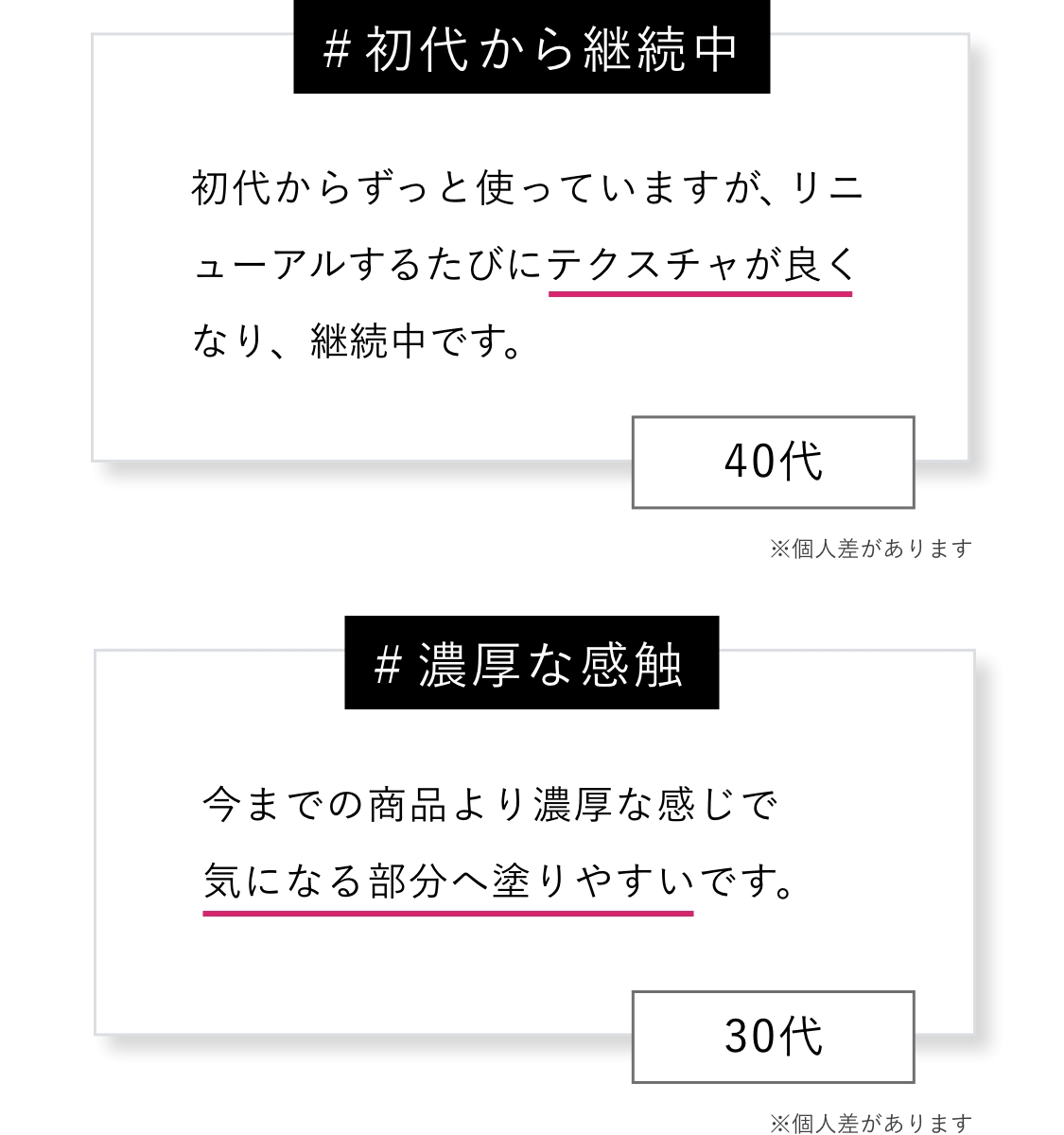 ＃初代から継続中 初代からずっと使っていますが、リニューアルするたびにテクスチャが良くなり、継続中です。※個人差があります ＃濃厚な感触 今までの商品より濃厚な感じで気になる部分へ塗りやすいです。