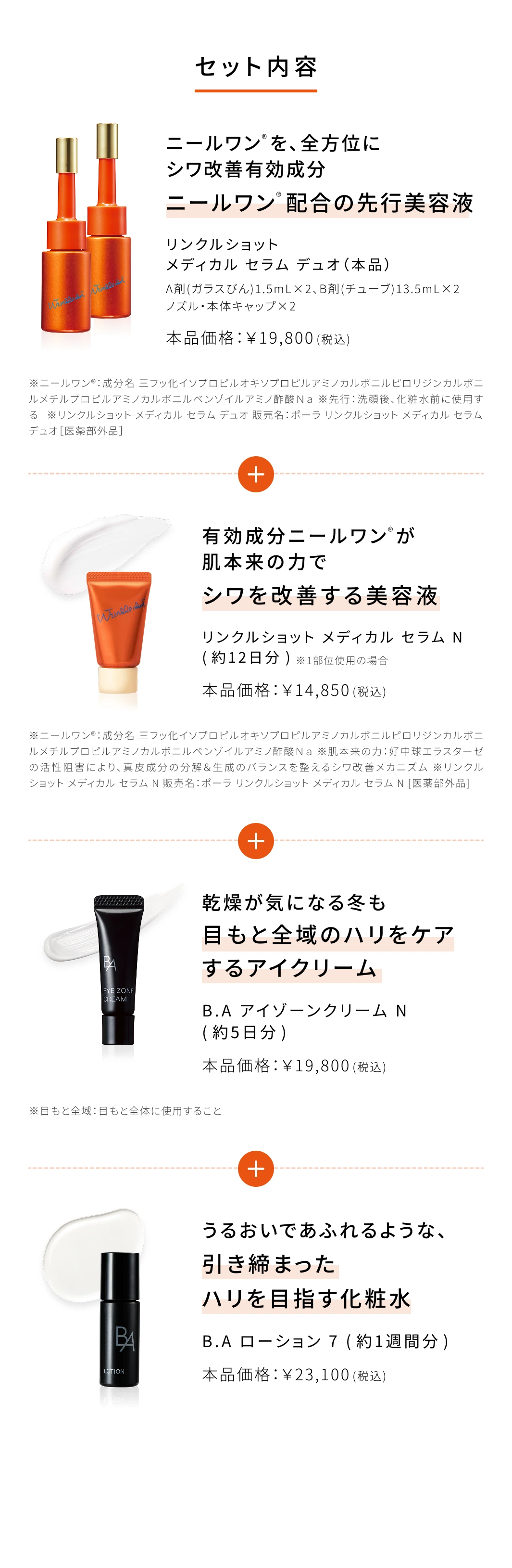 セット内容 リンクルショット メディカル セラム デュオ リンクルショット メディカル セラム N(ミニサイズ) B.A アイゾーンクリーム N(ミニサイズ) B.A ローション 7 (ミニサイズ)