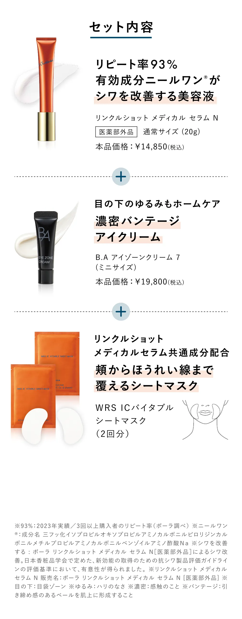 セット内容 有効成分ニールワン®がシワを改善する美容液 リンクルショット メディカル セラム N 医薬部外品 通常サイズ（20g）本品価格：￥14,850（税込） WRS ICバイタブルシートマスク（2回分） WRS プロティアン ネックシートマスク（2回分）