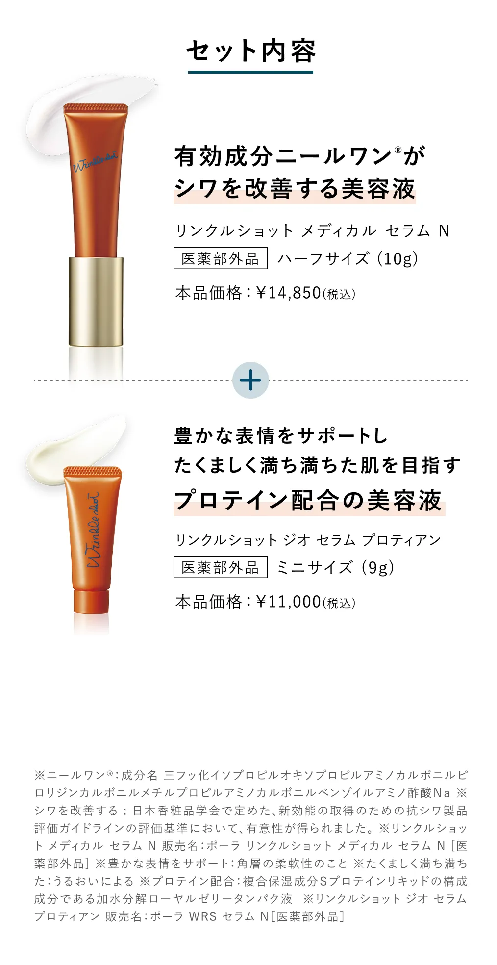 
            セット内容
            有効成分ニールワンがシワを改善する美容液 リンクルショット メディカル セラム N
            豊かな表情をサポート プロテイン配合美容液 リンクルショット ジオ セラム プロティアン
            ポーラオリジナルの形状で首にピタッとフィット。約22回分相当の美容液を1枚に。首もと用シートマスク2枚 ポーラ WRS プロティアン ネックシートマスク
            