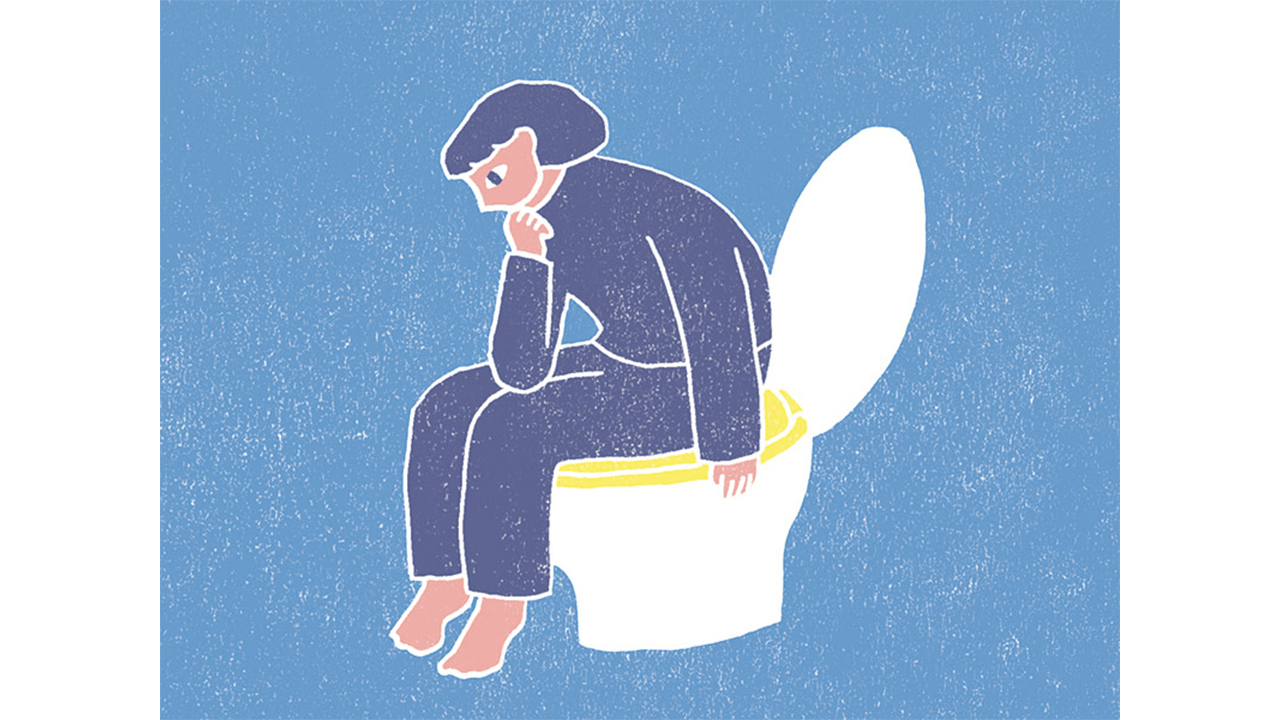 “考える人”のポーズでトイレに座るイラスト