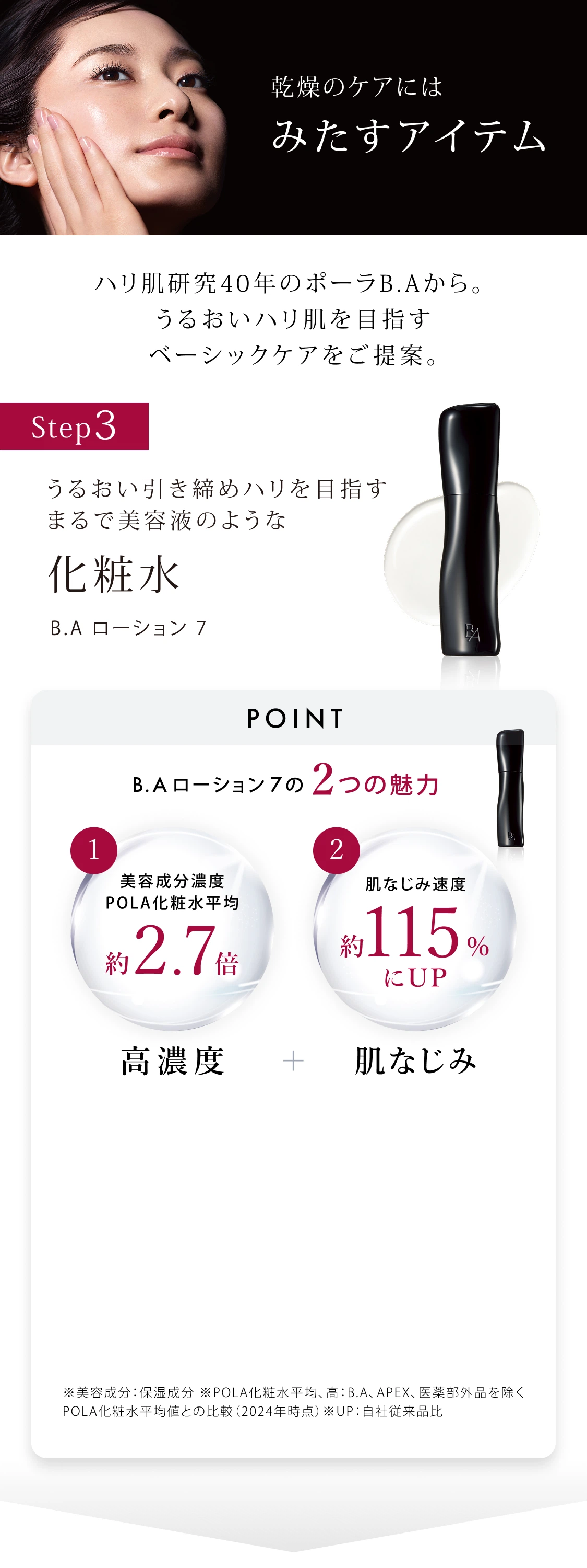 Step3: 乾燥のケアにはみたすアイテム うるおい引き締めハリを目指すまるで美容液のような化粧水 B.A ローション7