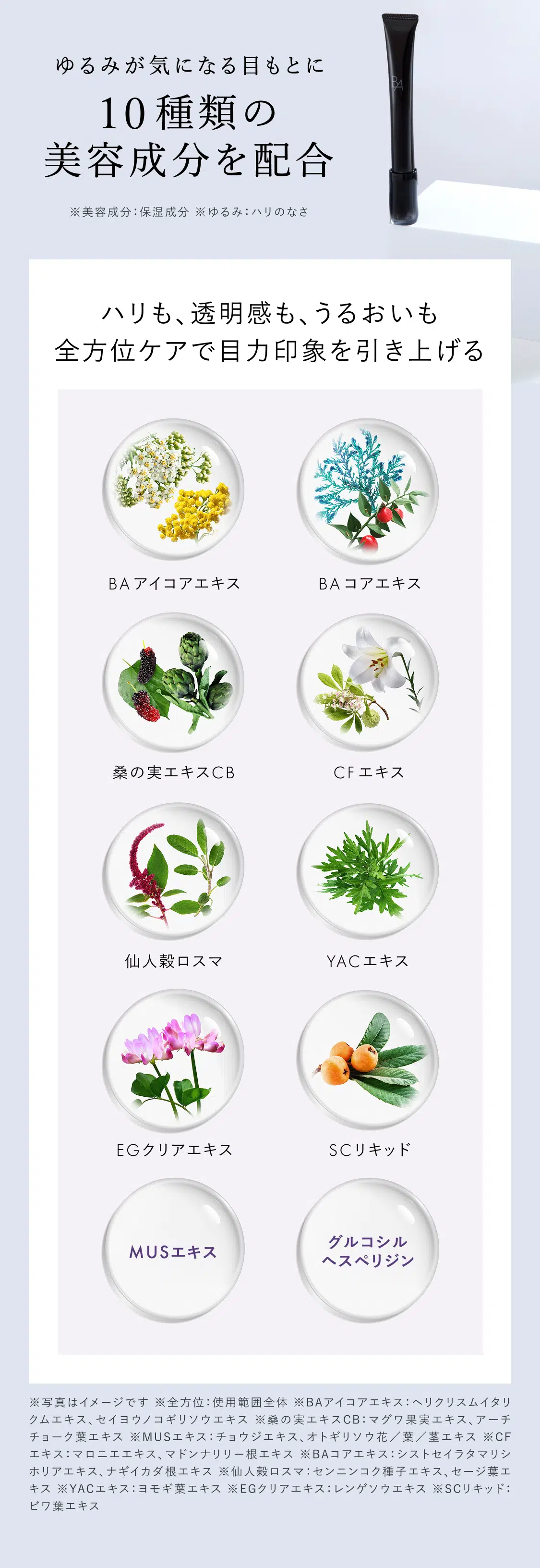 ゆるみが気になる目もとに 10種類の美容成分を配合 ※美容成分：保湿成分 ※ゆるみ：ハリのなさハリも、透明感も、うるおいも全方位ケアで目力印象を引き上げる