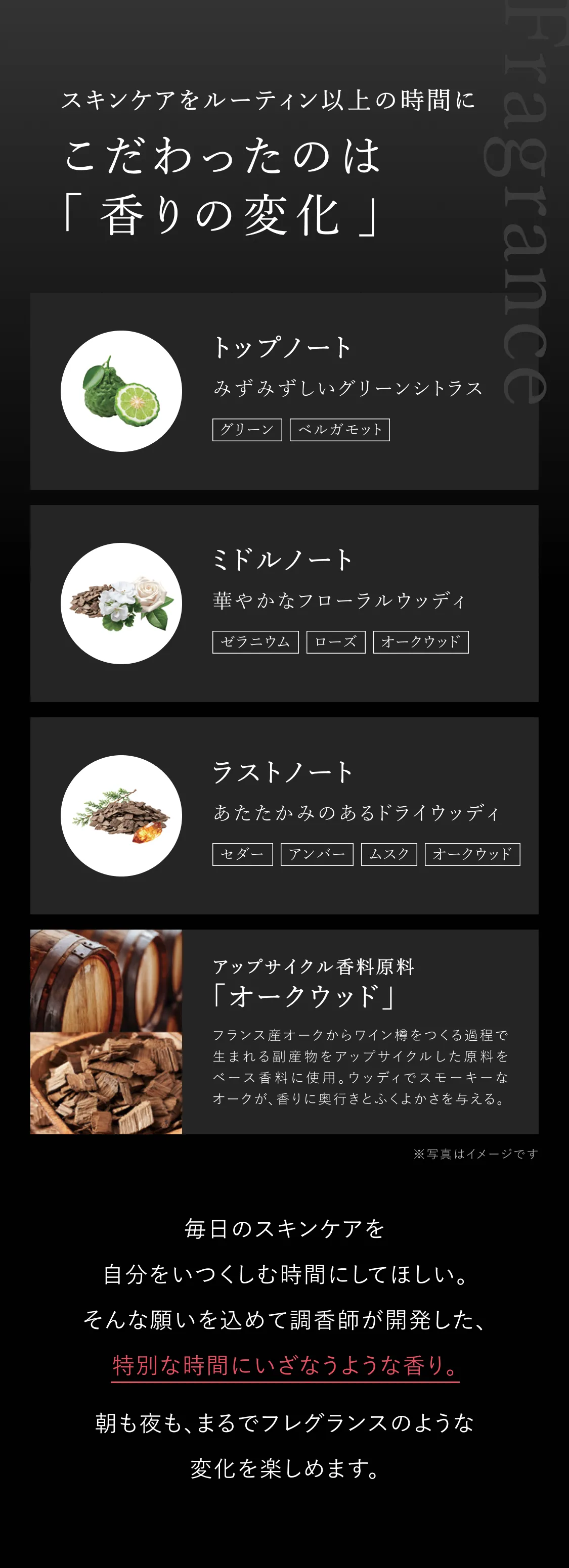 B.A ローション 7 の香りの変化を紹介するビジュアル。トップ・ミドル・ラストノートの香りを花とともに表現。