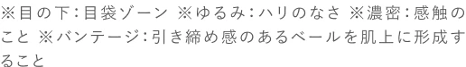 ※目の下：目袋ゾーン ※ゆるみ：ハリのなさ ※濃密：感触のこと ※バンテージ：引き締め感のあるベールを肌上に形成すること