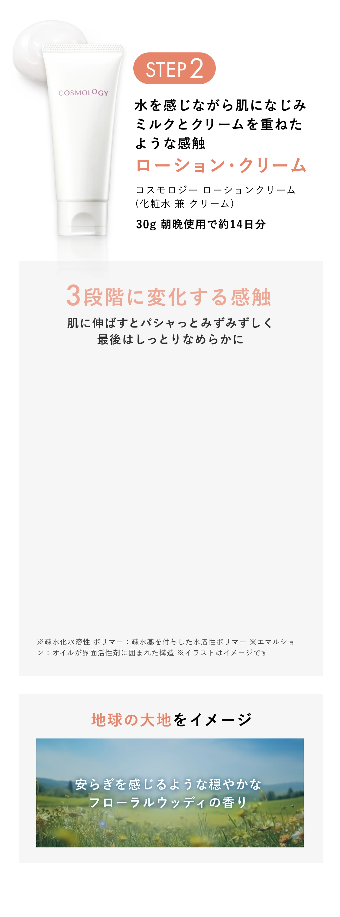 STEP2 水を感じながら肌になじみミルクとクリームを重ねたような感触 ローション・クリーム 3段階に変化する感触