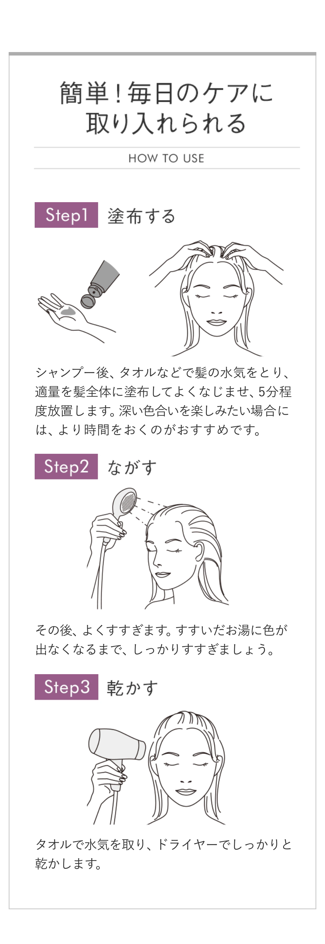 簡単！毎日のケアに取り入れられる HOW TO USE Step1.塗布する Step2.ながす Step3.乾かす