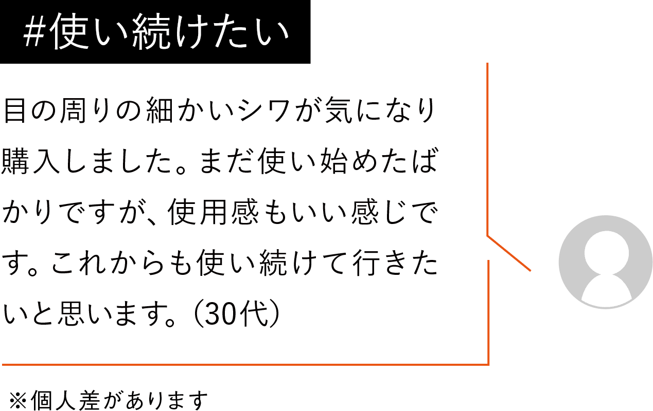 目の周りの細かいシワが気になり購入しました。まだ使い始めたばかりですが、すごくいい感じです。これからも使い続けていきたいと思います。(30代)
