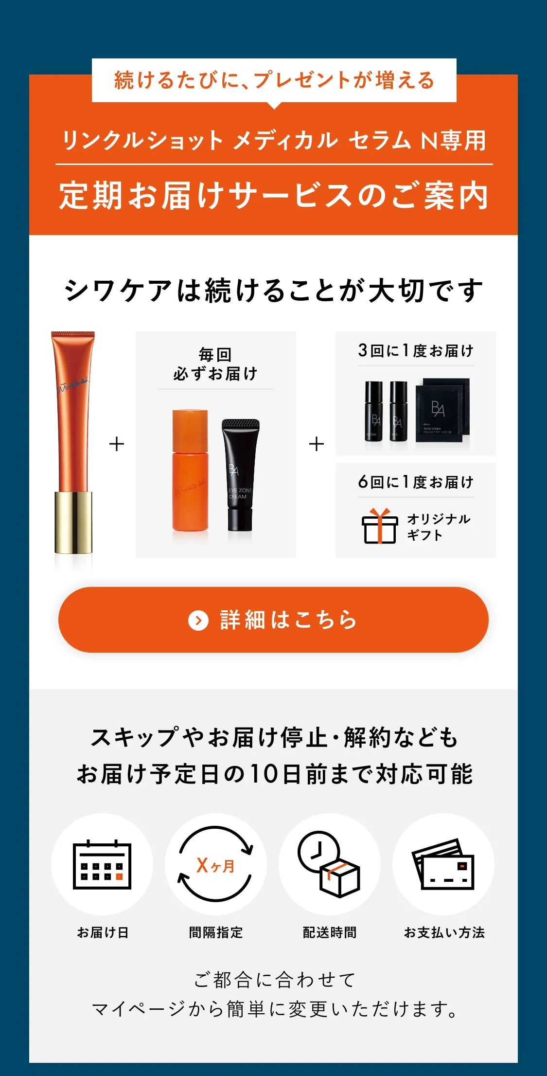 続けるたびに、プレゼントが増える リンクルショット メディカル セラム N専用 定期お届けサービスのご案内。スキップやお届け停止・解約などもお届け予定日の10日前まで対応可能
