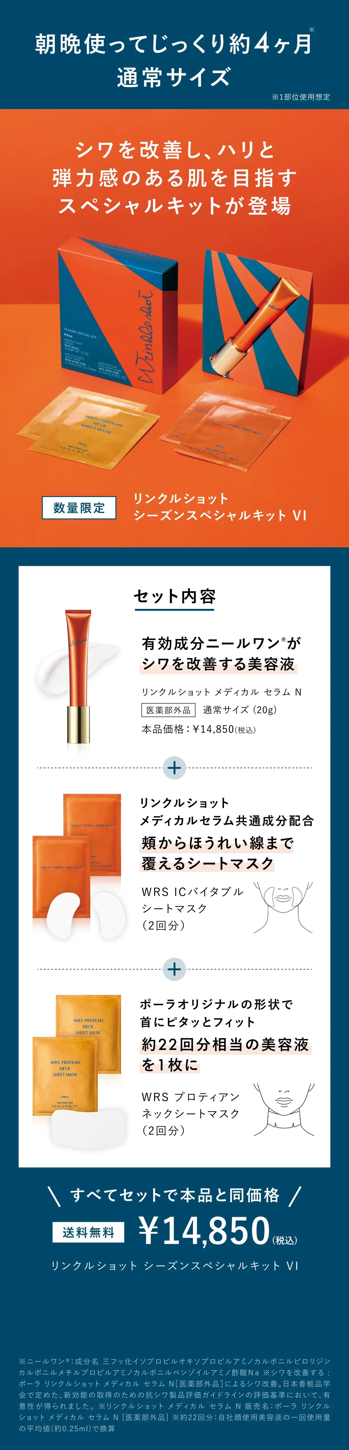 朝晩使ってたっぷり約6ヶ月※ 1.5倍サイズ ※1部位使用想定 通常サイズより約¥3,500相当お得 数量限定 リンクルショット メディカル セラム グランドサイズ 医薬部外品 30g ¥18,700（税込）※販売名：ポーラ リンクルショット メディカル セラム N グランドサイズ [医薬部外品]