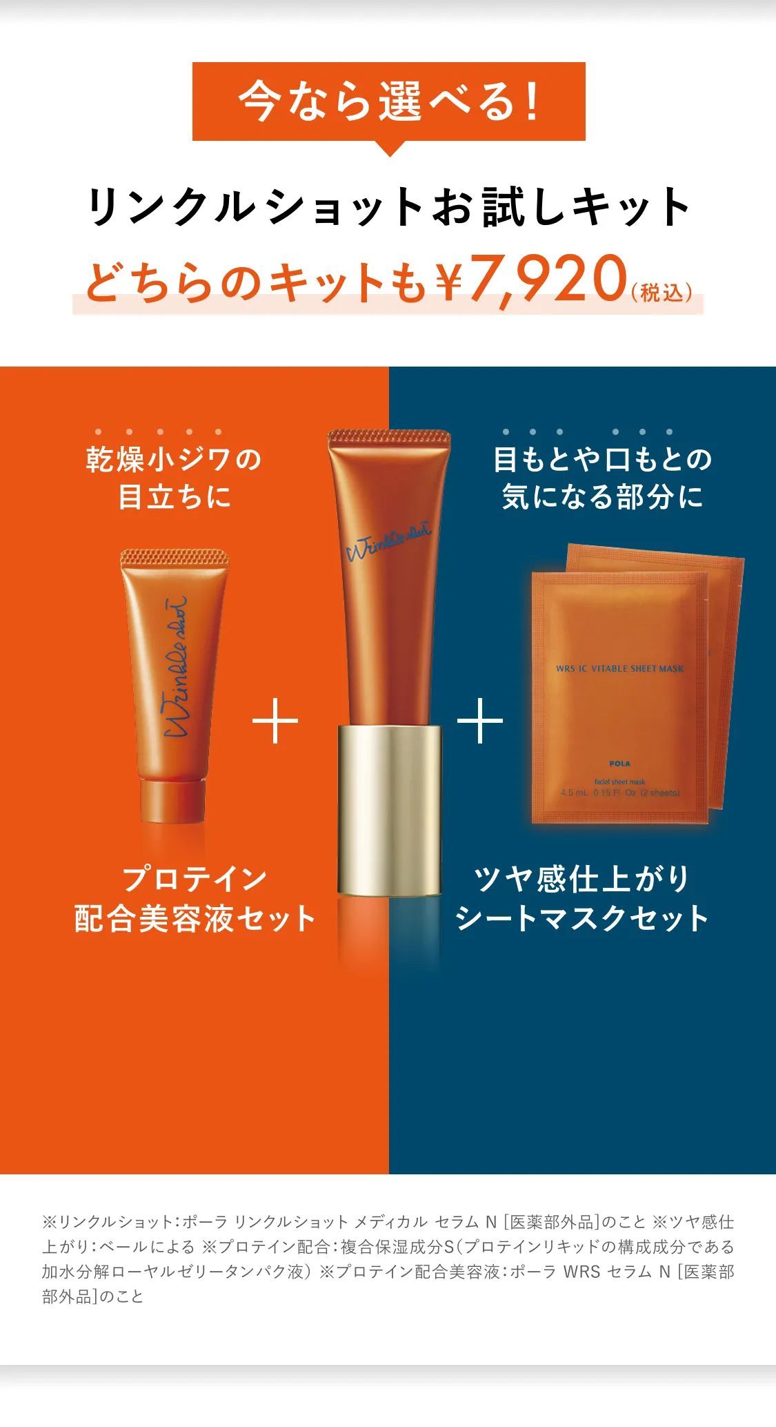 リンクルショットデビューキット ※プロテイン配合：複合保湿成分Ｓプロテインリキッドの構成成分である加水分解ローヤルゼリータンパク液 ※リンクルショット：ポーラ リンクルショット メディカル セラム N［医薬部外品］のこと