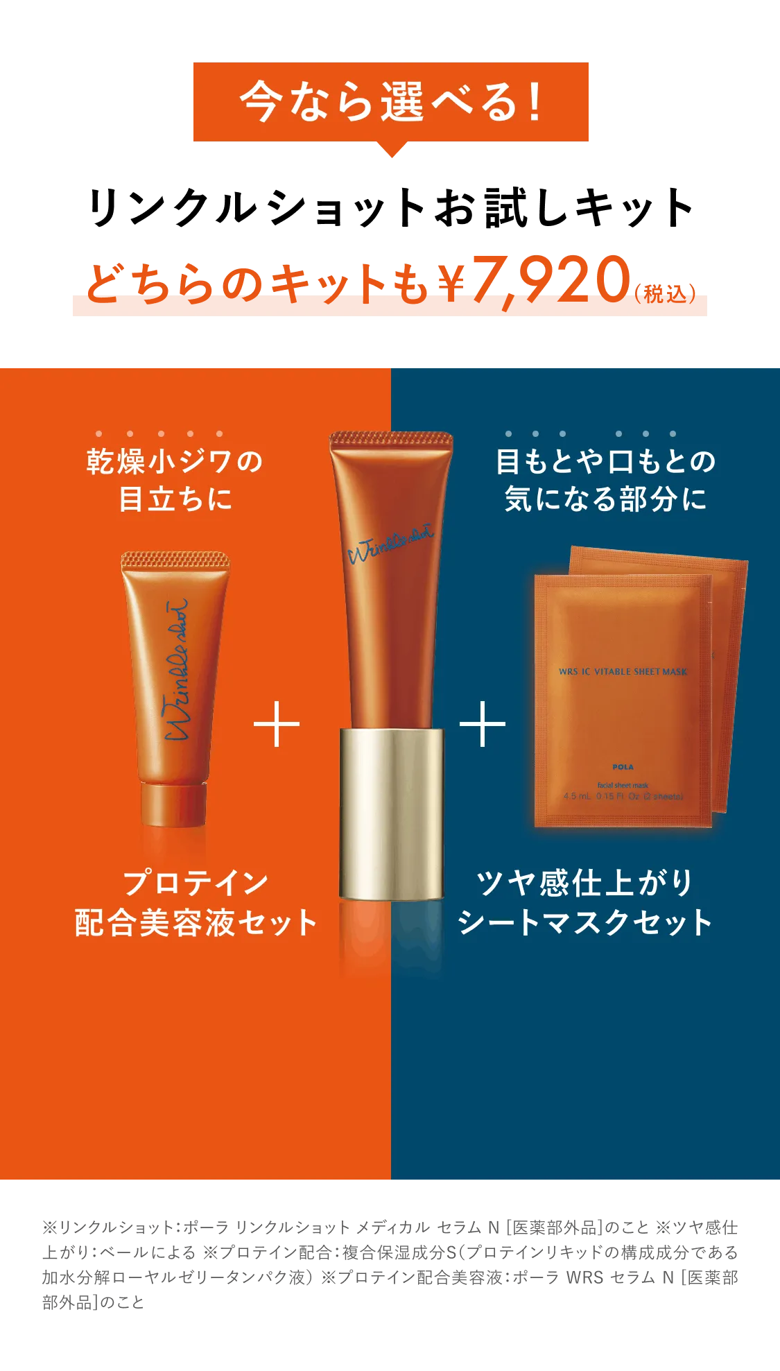 リンクルショットデビューキット ※プロテイン配合：複合保湿成分Ｓプロテインリキッドの構成成分である加水分解ローヤルゼリータンパク液 ※リンクルショット：ポーラ リンクルショット メディカル セラム N［医薬部外品］のこと