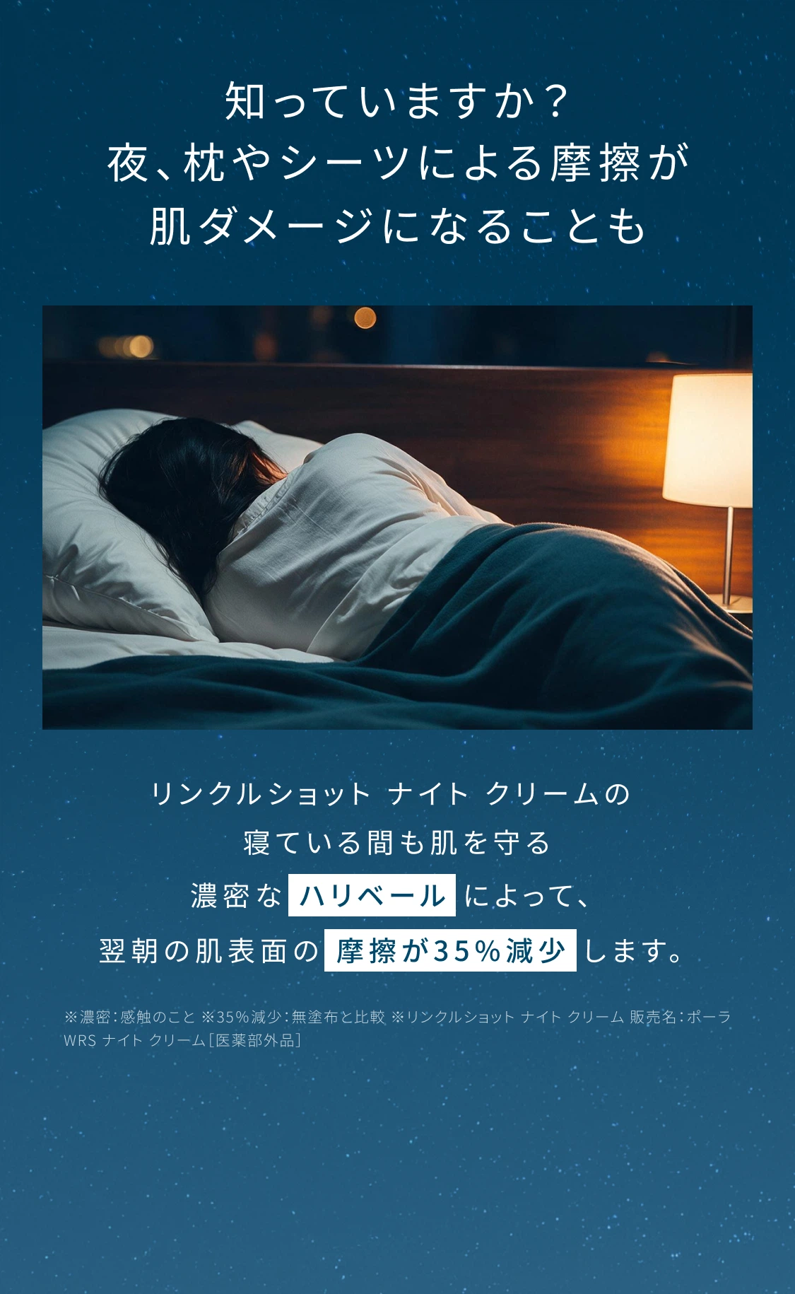 知っていますか？夜、枕やシーツによる摩擦が肌ダメージになることも リンクルショット ナイト クリームの寝ている間も肌を守る濃密なハリベールによって、翌朝の肌表面の摩擦が35％減少します ※濃密：感触のこと ※35%減少：無塗布と比較 ※リンクルショット ナイト クリーム 販売名：ポーラ WRS ナイト クリーム［医薬部外品］